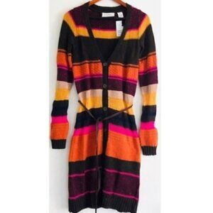 H&M Long Cardigan XS NWT Wool Striped Belted Tunic Colorful Striped Cozy Warm